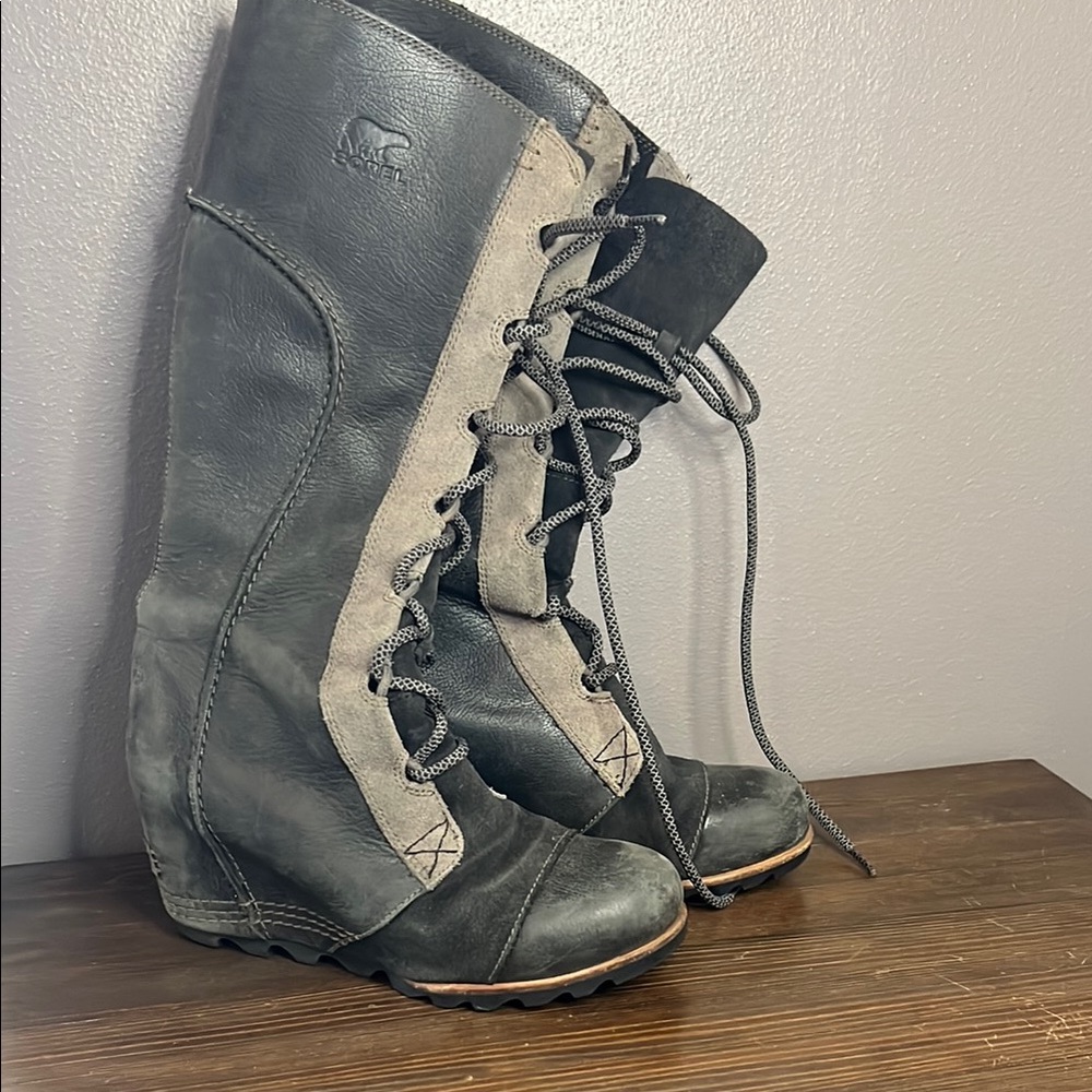 Sorel Gray Winter and Rain Boots with Knee High Design and Wedge Sole Lace Up